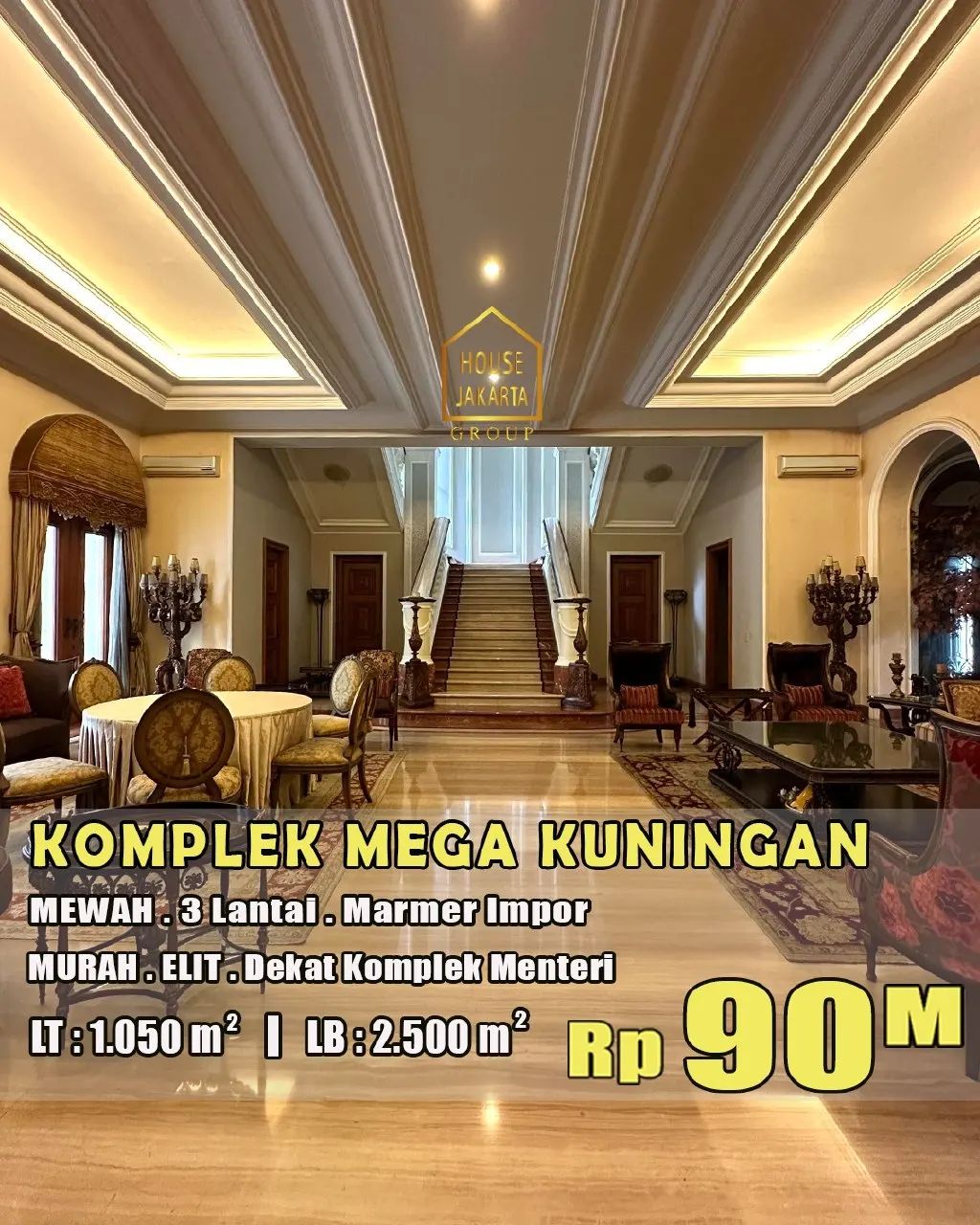 HS1626 Luxury House 3 Lantai, Marmer Impor, Ada Lift, Lokasi Elite Dekat Komplek Menteri.