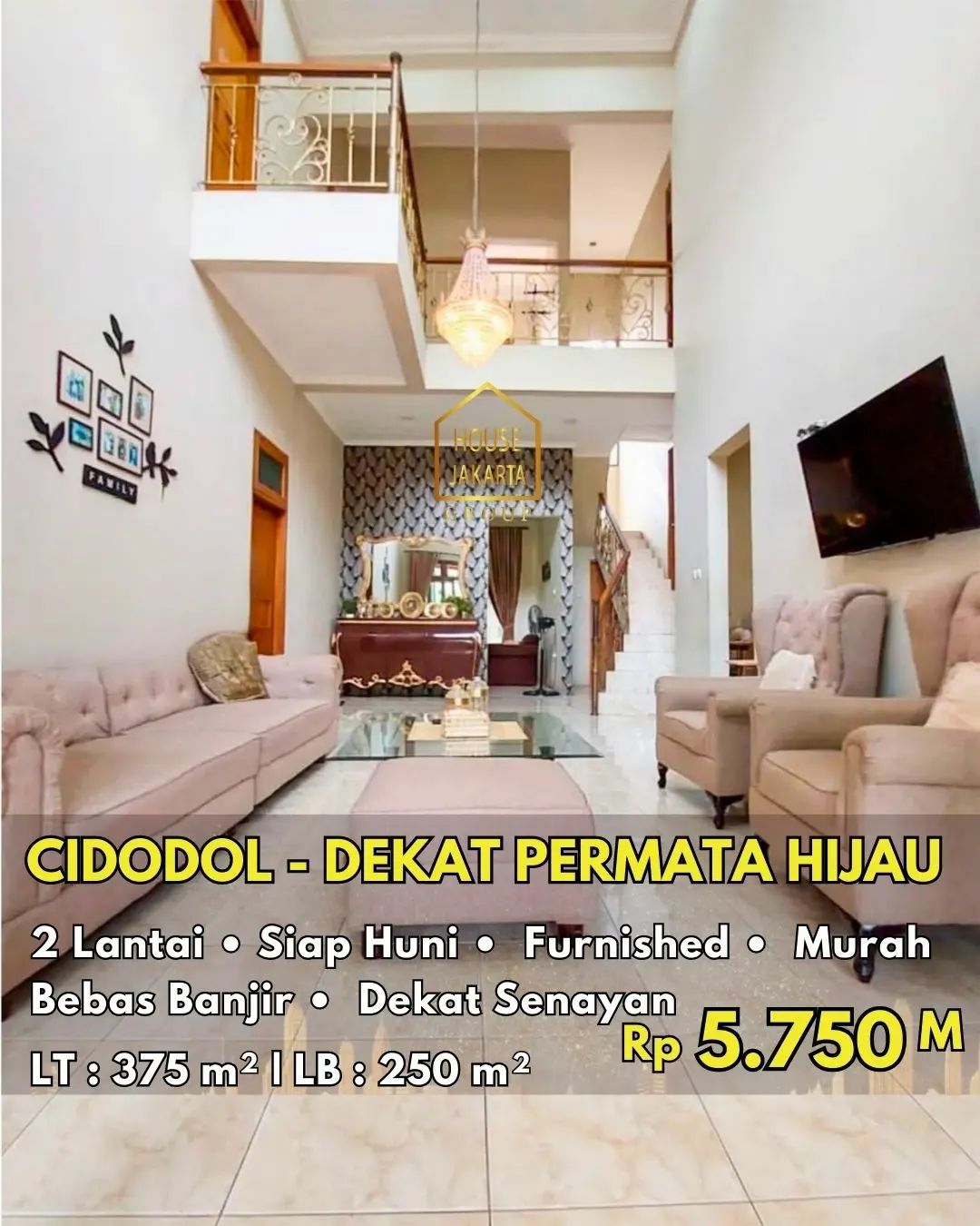 HS1637 Rumah Furnished 2 Lantai, Siap Huni, Murah, Dekat Senayan, Bebas Banjir