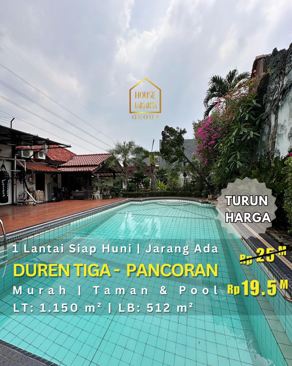 HS1754  Rumah Di Duren Tiga Area Siap Huni 1 Lantai dengan Taman Luas dan Pool. Strategis,  Dekat Kuningan & Gatsu