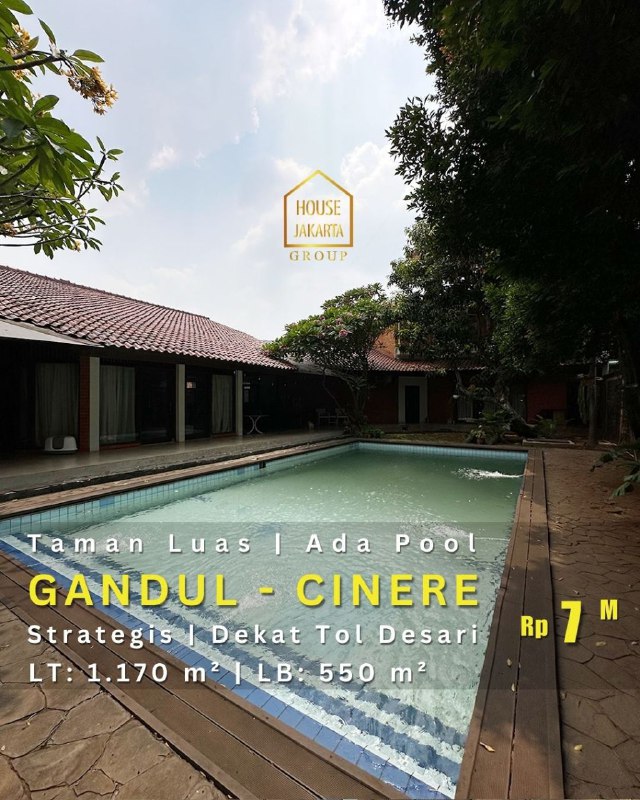 HS1814 Rumah Siap Huni Di Gandul Cinere. Ada Taman Luas & Pool. Startegis Dekat Tol Desari